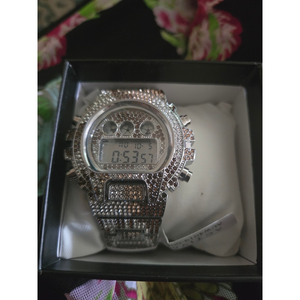 Activa ACW4019-001 Iced Out Digital Watch Silver Tone Crystal Encrusted New